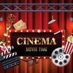 Baixar entretenimento de cinema com cena de exibição e conjunto de ícones gratuitamente