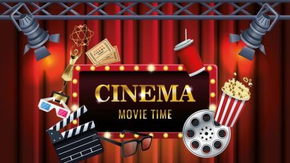 Baixar entretenimento de cinema com cena de exibição e conjunto de ícones gratuitamente